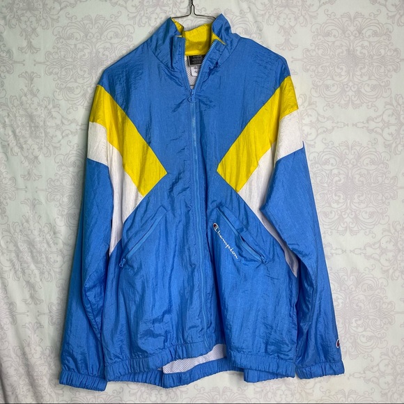 Champion Nylon Full Zip Warm Up Jacket Blue/Sunny Yellow/White size XL - Picture 2 of 16